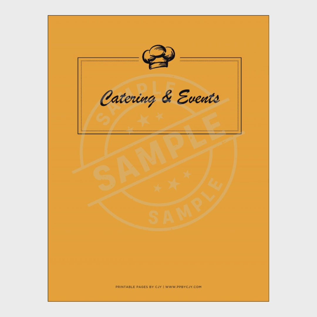 video for Set of catering and event planning forms with an orange binder labeled 'Catering & Events'.