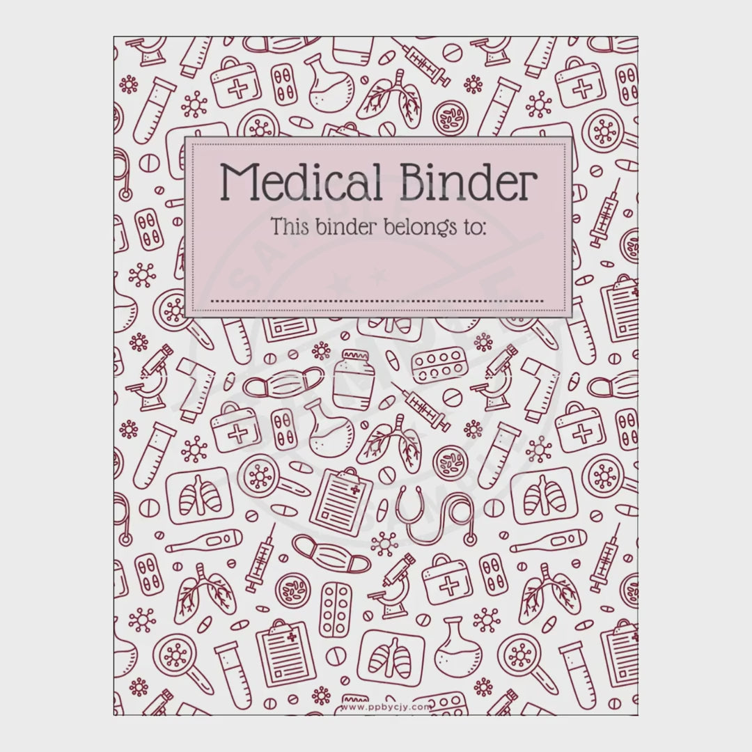video of Medical binder with icons and a customizable name tag on a white background