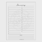 video of January calendar page with lined days and a 'Notes' section on a white background.
