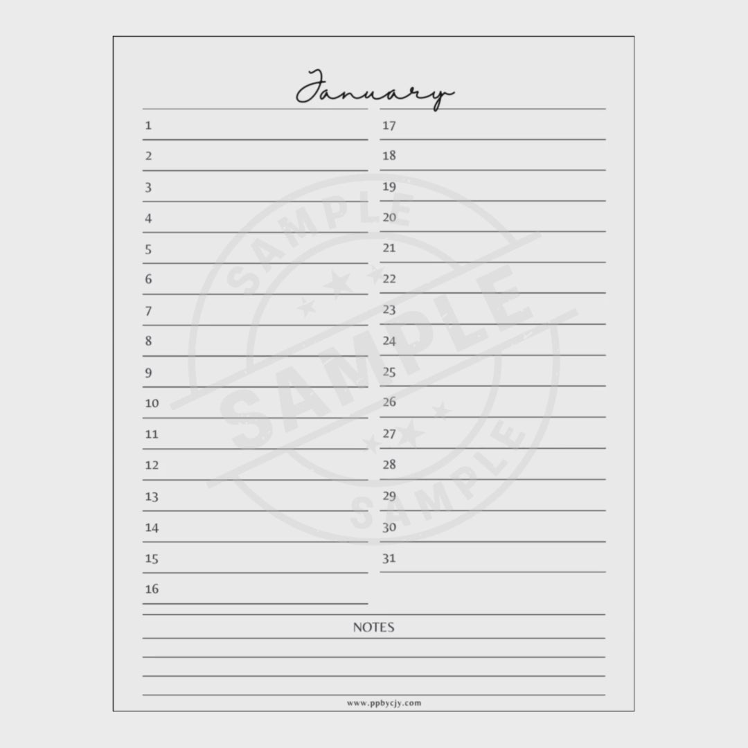 video of January calendar page with lined days and a 'Notes' section on a white background.