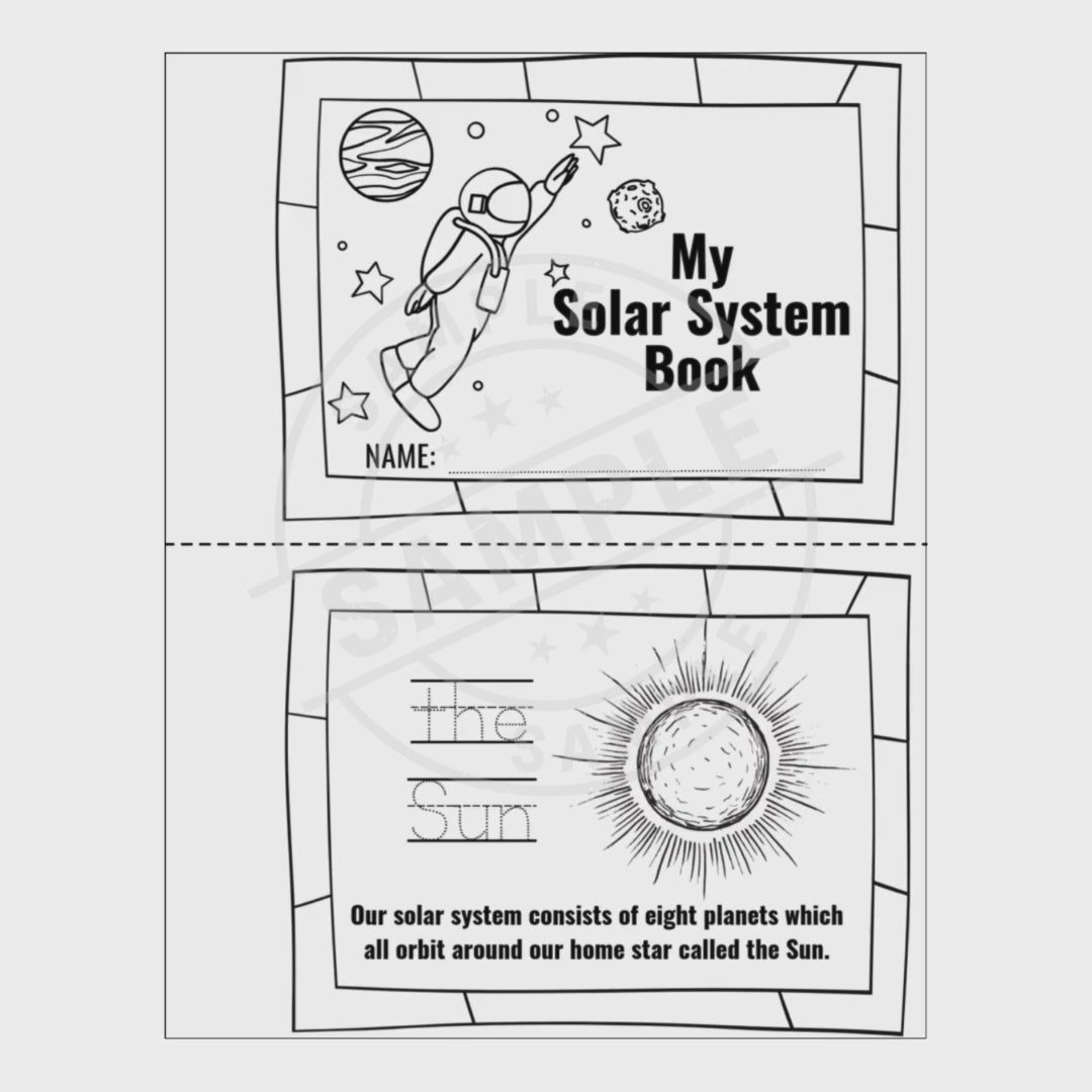 video for Solar system-themed coloring book with astronaut and sun illustrations on a white background.