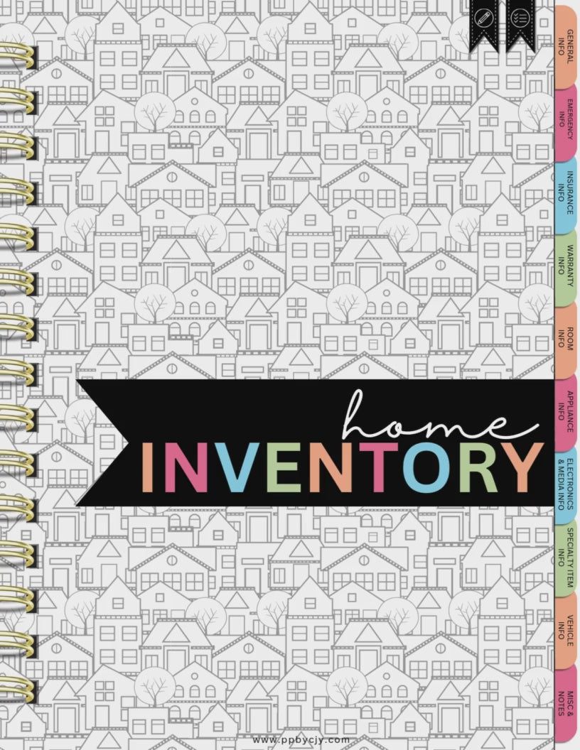 Home Inventory Digital Planner with 75+ hyperlinked pages, including item logs, warranty records, and insurance details