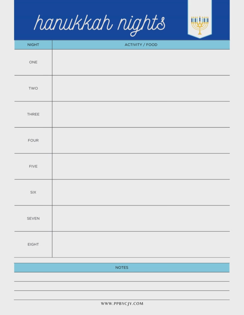 Hanukkah Planning Printable PDF Template Bundle with gift tracker, meal planner, and candle lighting log.

