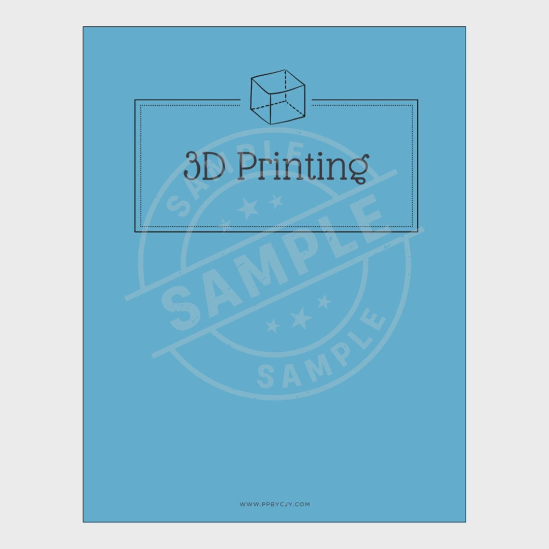 video for Blue planner with '3D Printing' text and a cube icon on a white background
