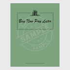 video for Set of financial tracking sheets with a green cover titled 'Buy Now Pay Later'.