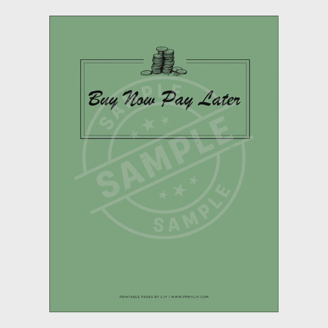 video for Set of financial tracking sheets with a green cover titled 'Buy Now Pay Later'.