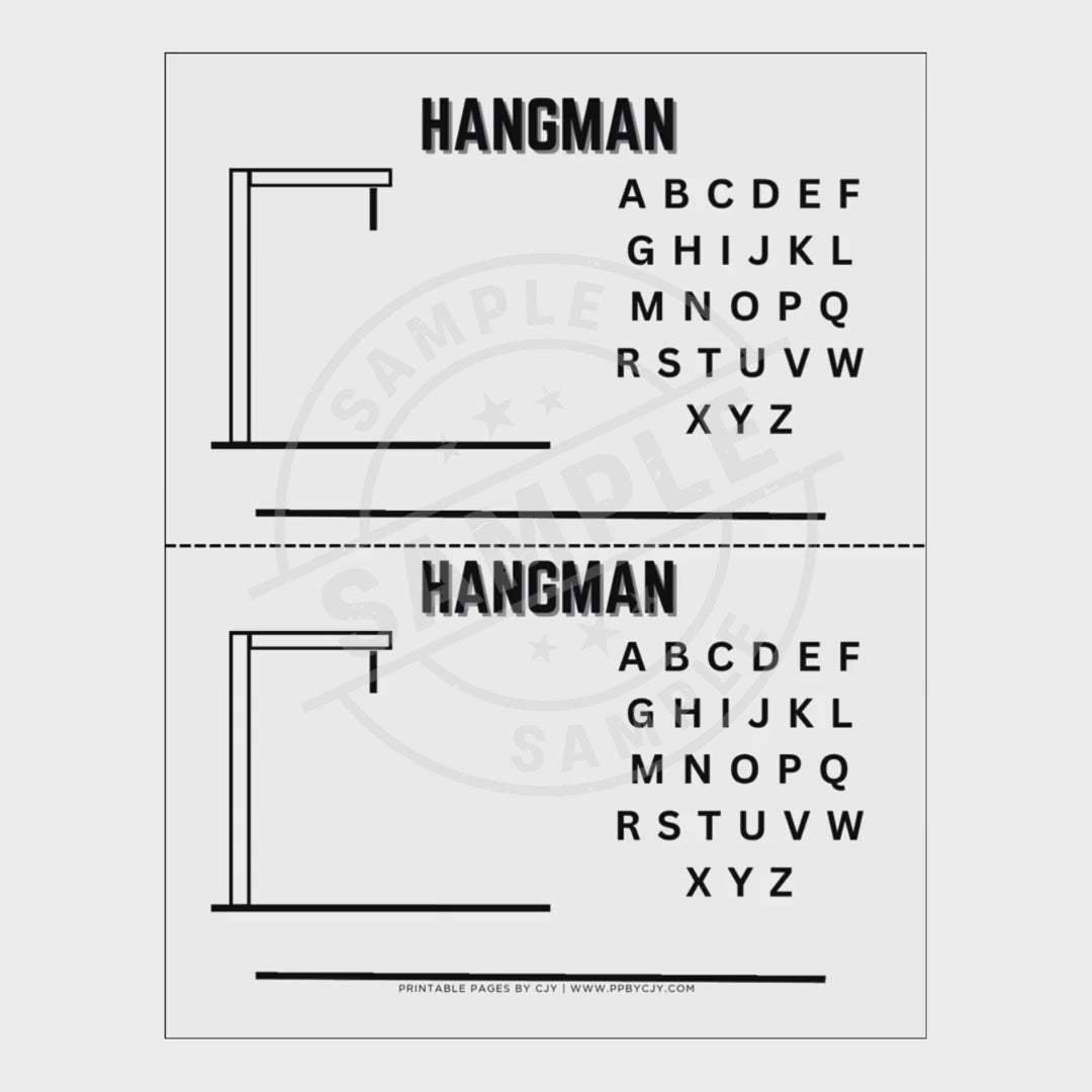 video for Collection of printable game sheets including Tic Tac Toe, Hangman, and Dots & Boxes on a white background.