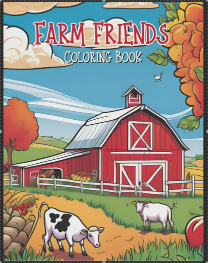 Farm Friends 50 Printable Coloring Pages featuring farm animals like cows, pigs, and chickens, ideal for kids and adults who love farm life and coloring.
