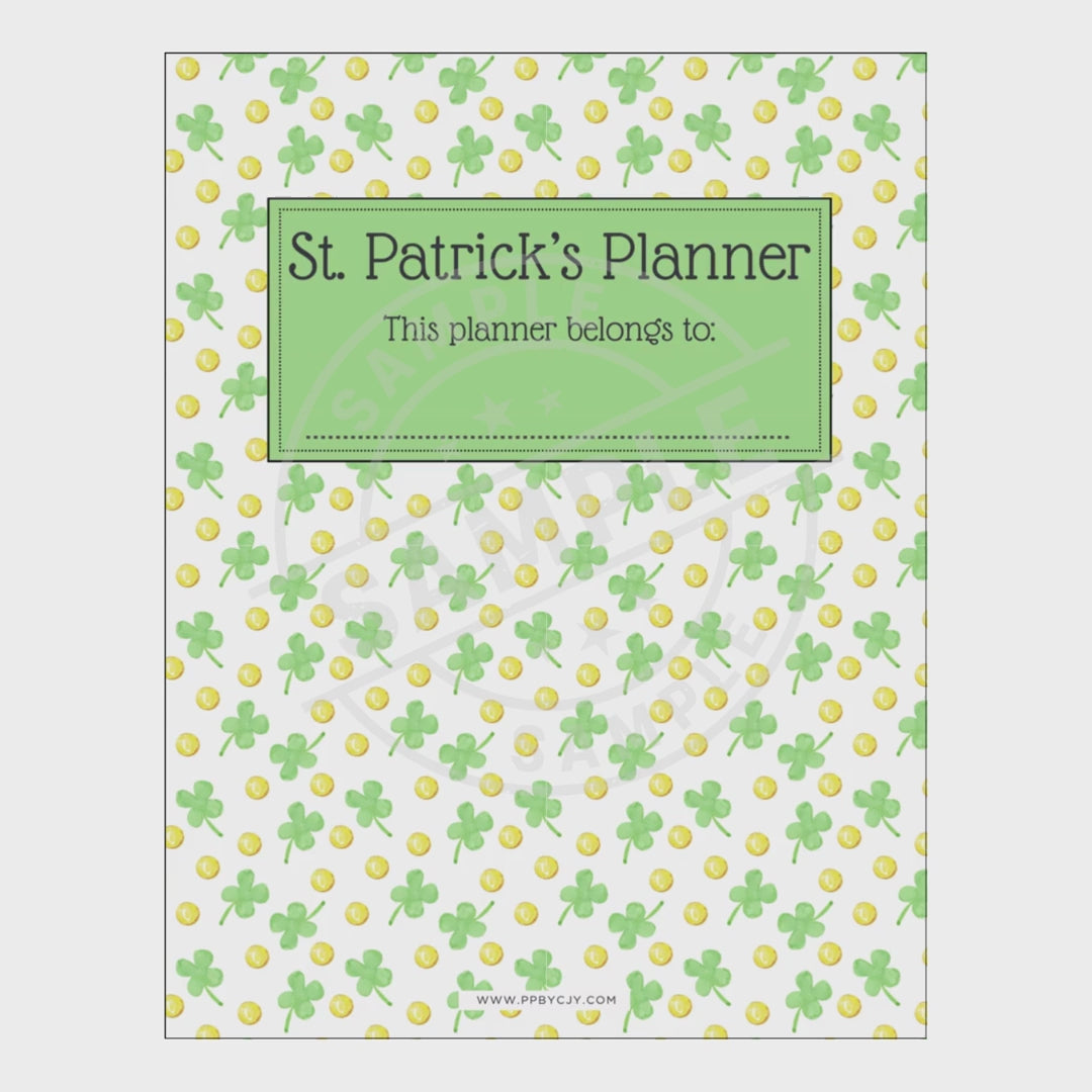 St. Patrick's Day planner with clover pattern and green label on white background