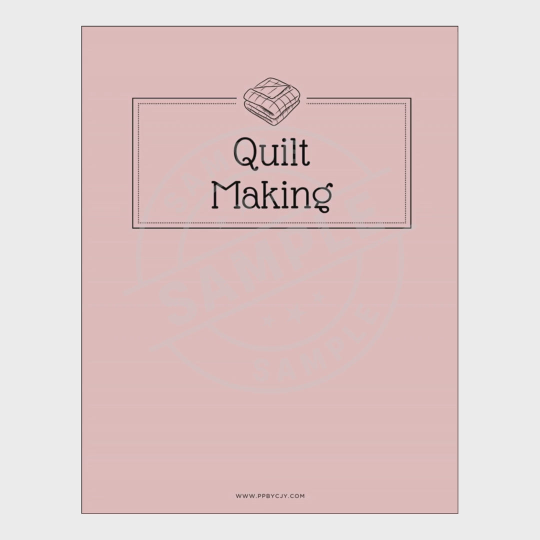 video of planner with 'Quilt Making' text and a quilt icon on a pink background