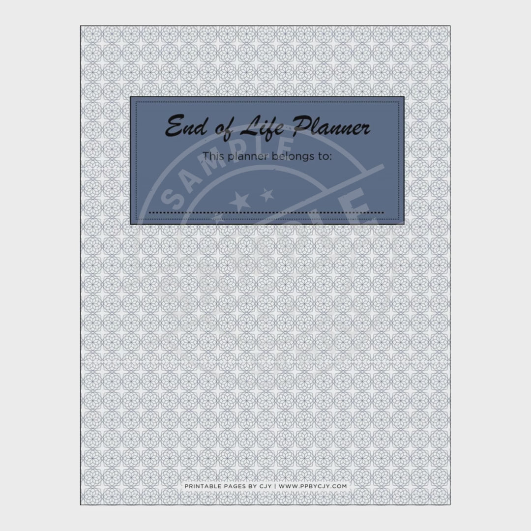 video for End of life planner with various pages on a white background