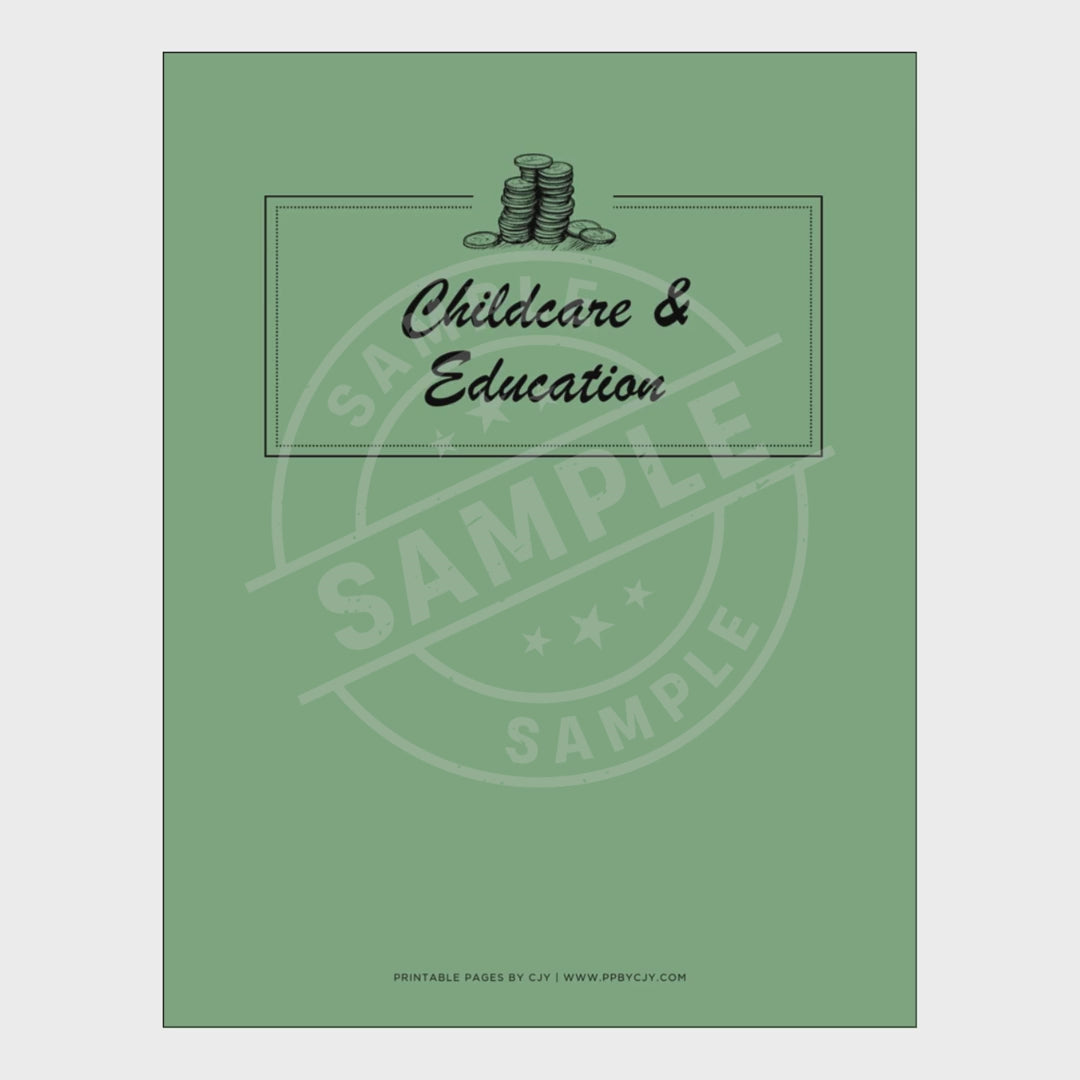 video for Set of educational tracking sheets with a green cover titled 'Childcare & Education'.