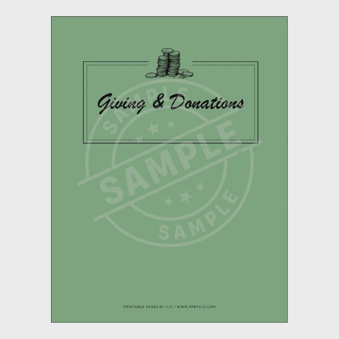 video for Set of donation and volunteer tracking sheets with a green cover on a white background