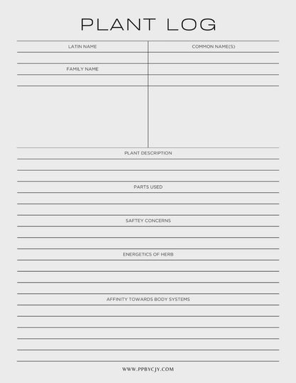Materia Medica printable PDF template for herbalists to record medicinal plant details, uses, dosages, and preparations.

