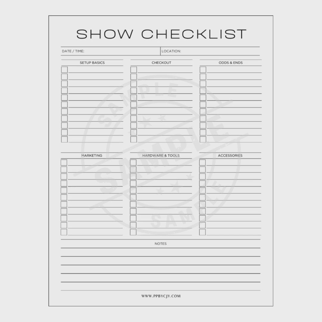 video for a craft show checklist template with various sections on a white background