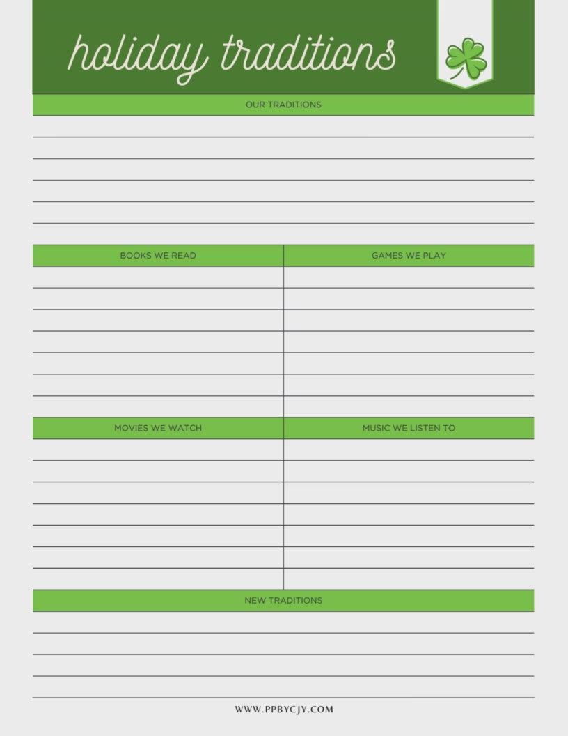 St. Patrick's Day Planner Printable PDF Template Bundle with meal planner, party planner, and decoration planners for mantle, tiered tray, and wreath.

