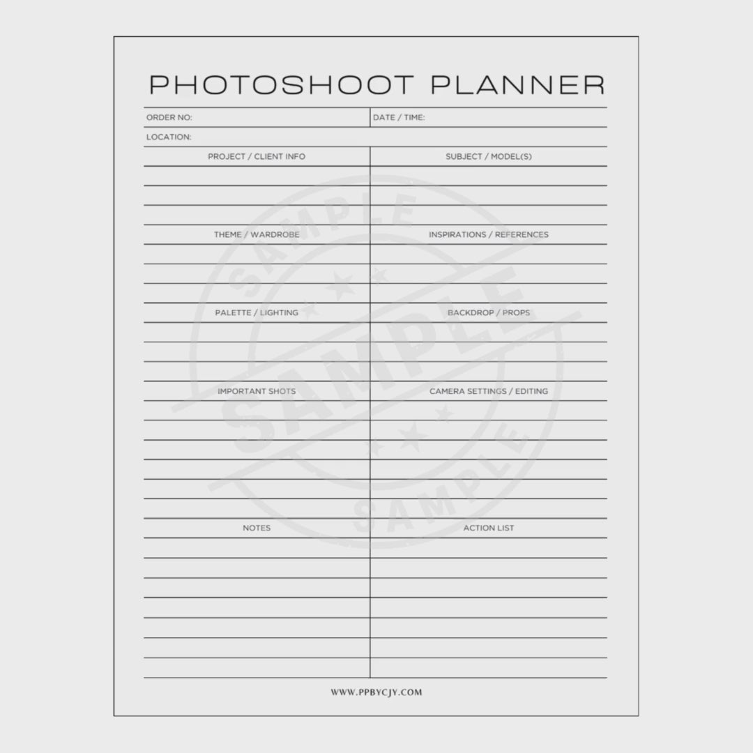 video of Photoshoot planner sheet with columns for project details on a white background