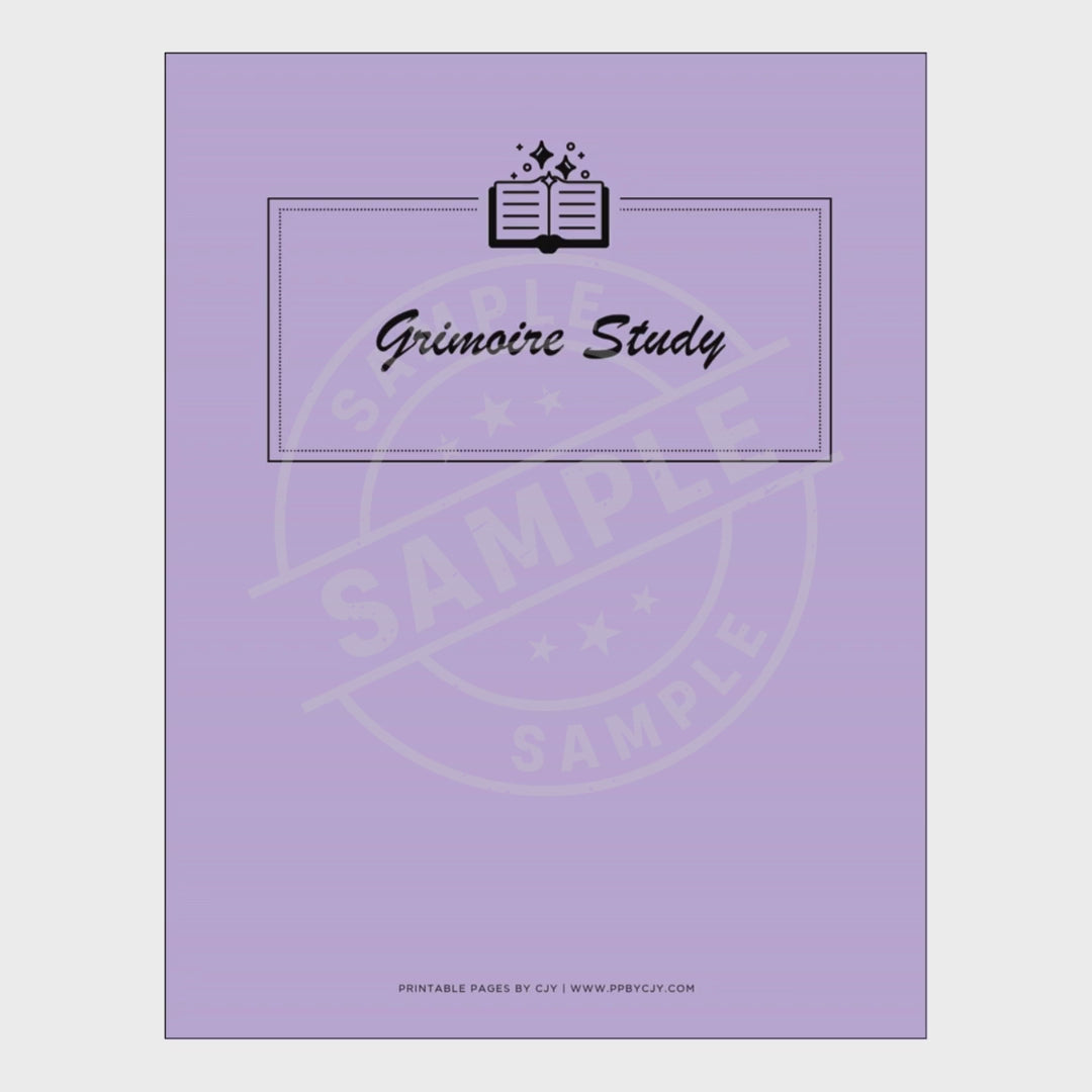 video for Set of magical study worksheets with a purple notebook titled 'Grimoire Study'.