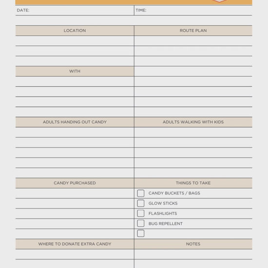 Trick or Treat Planner Printable PDF Bundle with 6 pages, including costume tracker, candy inventory, and trick-or-treat route organizer