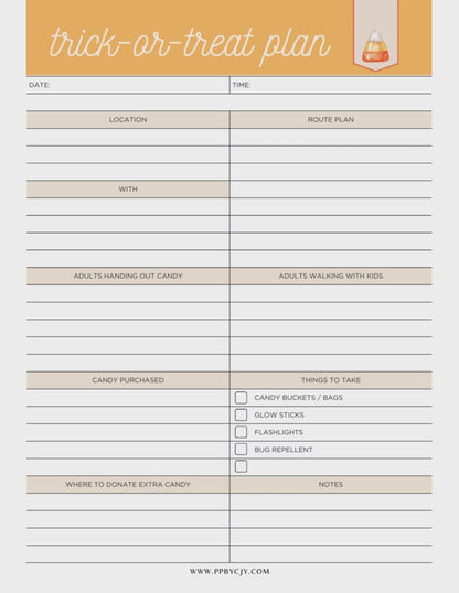 Trick or Treat Planner Printable PDF Bundle with 6 pages, including costume tracker, candy inventory, and trick-or-treat route organizer