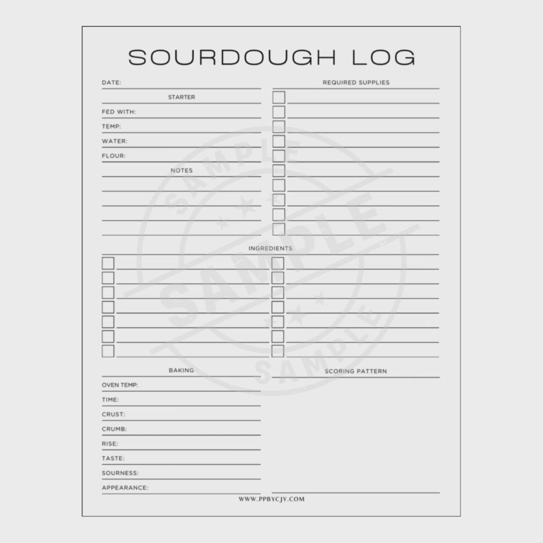 video for Sourdough log sheet with various fields for recording sourdough baking details on a white background.