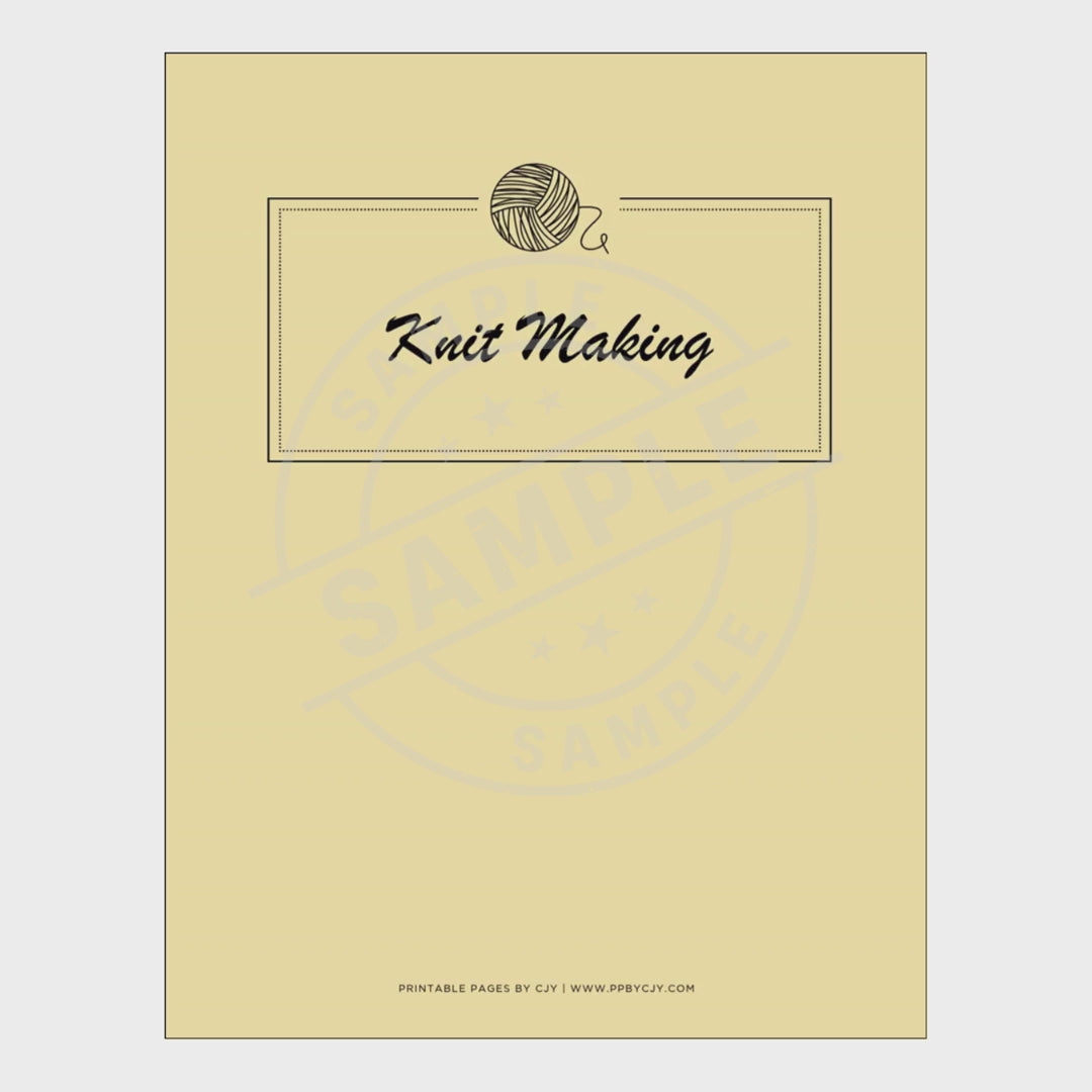 video of Set of knitting planner pages with a yellow notebook cover on a white background