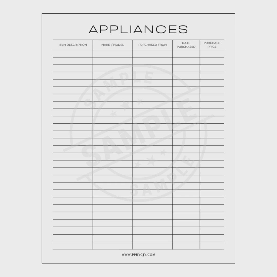 Sheet with a table titled 'Appliances' for item description, name/model, purchased from, date, and price.