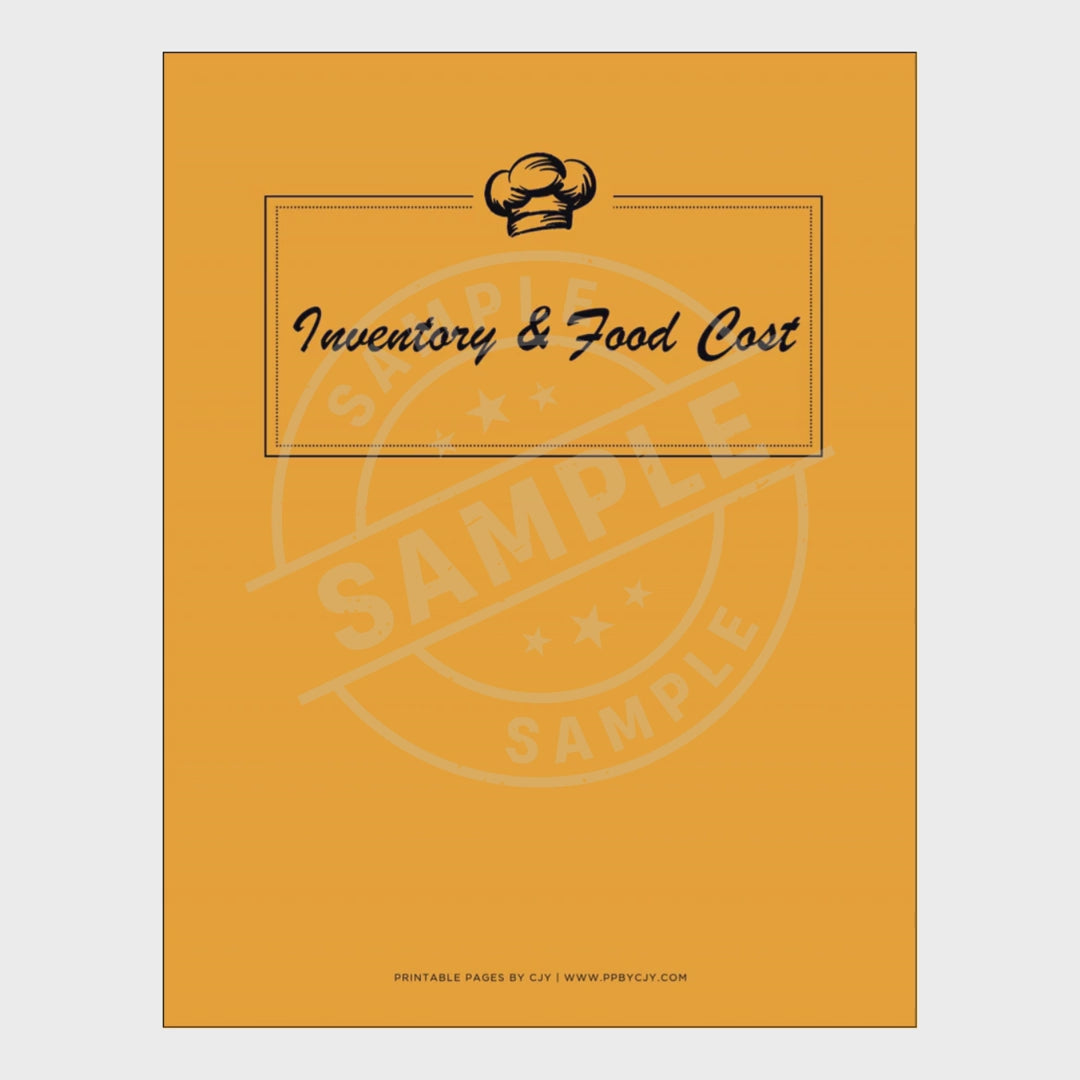 video for Set of inventory and food cost sheets with a yellow cover on a white background