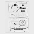 video for Black and white 'My Money Book' with piggy bank and penny illustration on a white background.