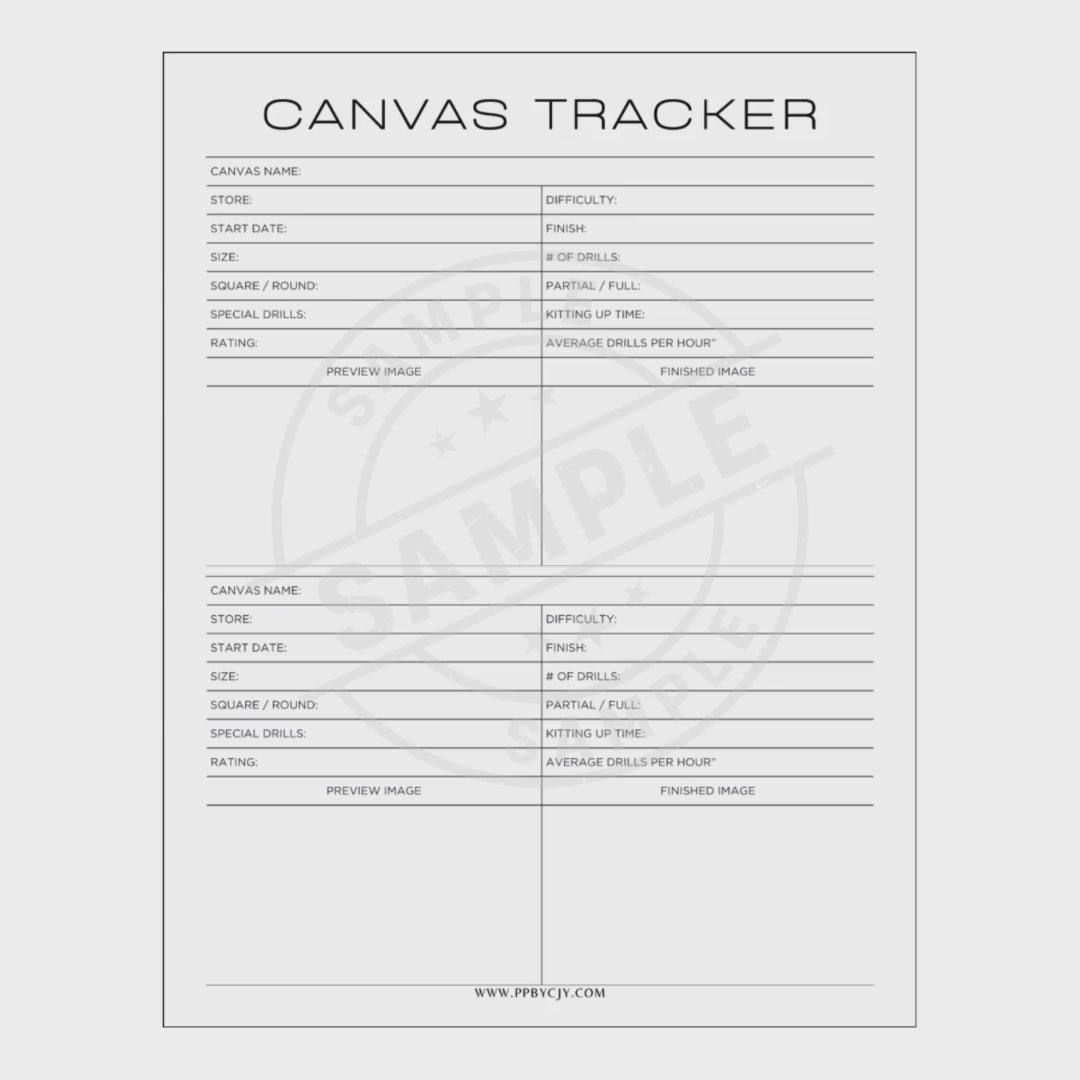 Video of Canvas tracker sheet with columns for canvas name, store, start date, finish, size, square/round, difficulty, number of drills, rating, preview image, and finished image.