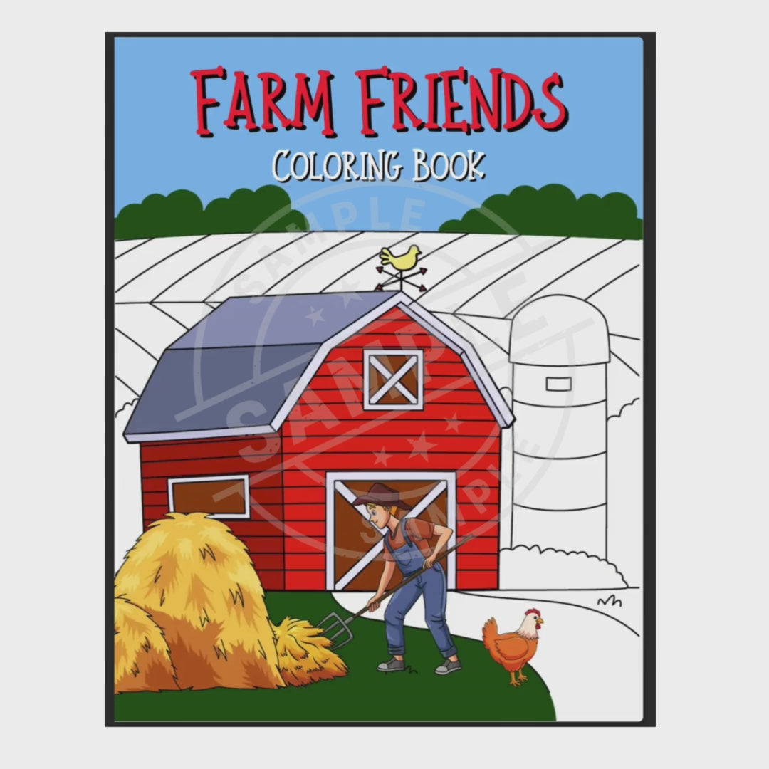 video for coloring book cover titled 'Farm Friends' with a barn and farmer illustration.