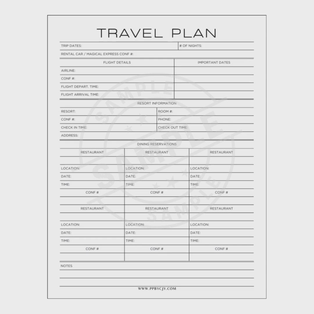 Planning sheet for Walt Disney World with columns for various activities and notes.