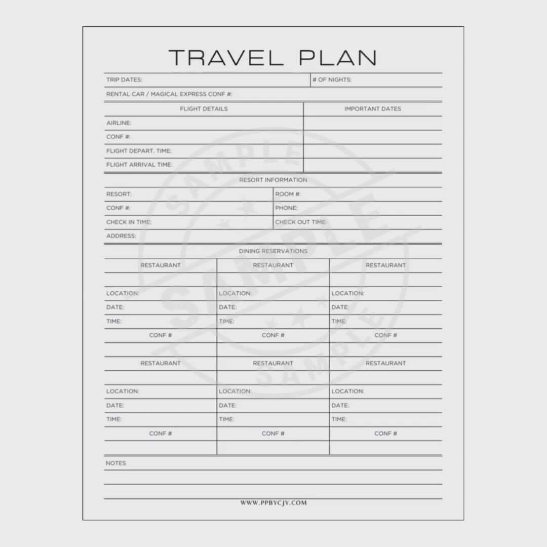 Planning sheet for Walt Disney World with columns for various activities and notes.