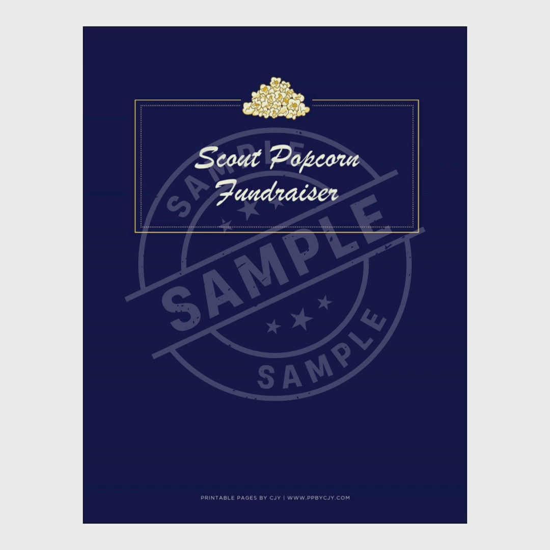 video for boy Scout Popcorn Fundraiser planner with various pages on a white background
