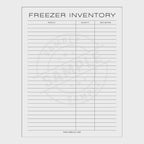 Freezer inventory sheet with columns for product, quantity, and best before date on a white background.