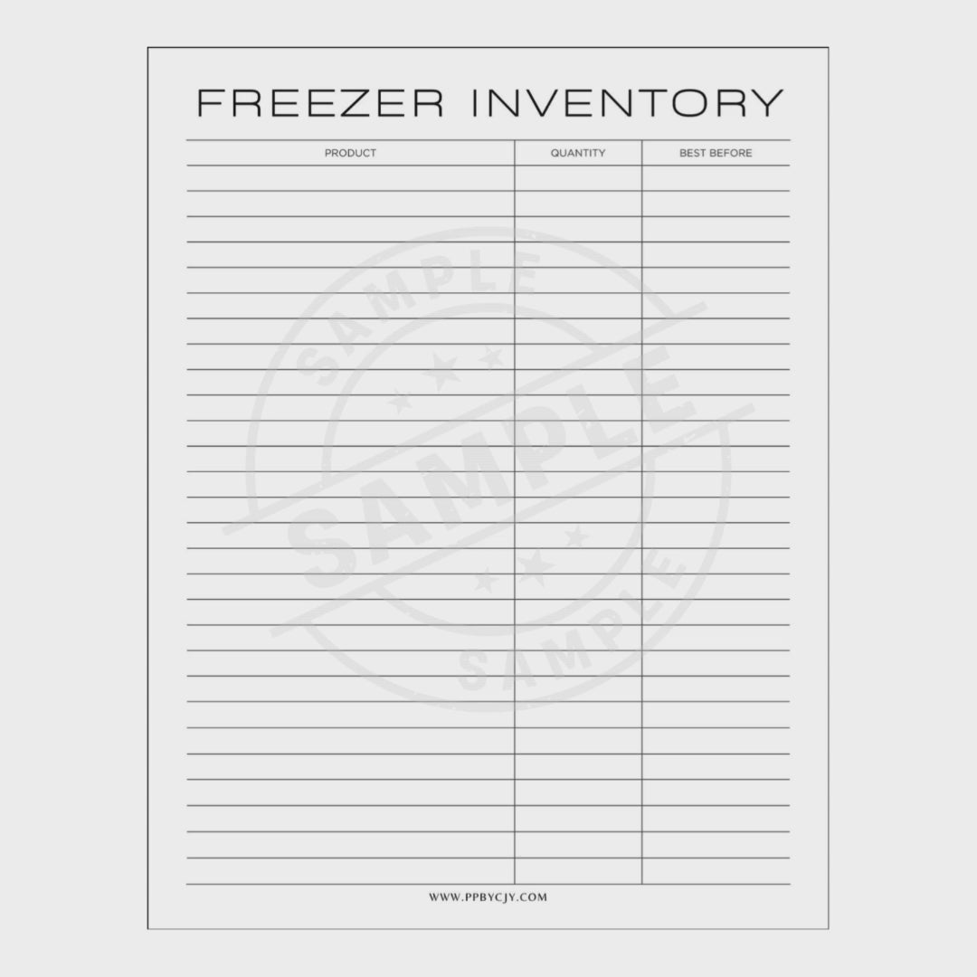 Freezer inventory sheet with columns for product, quantity, and best before date on a white background.