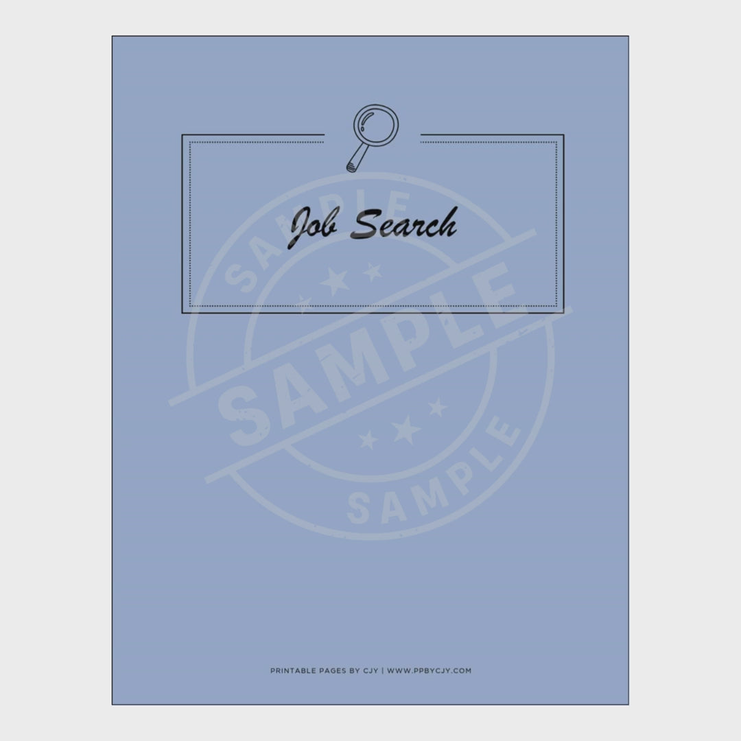 video for Job search planner with various tracking sheets on a white background