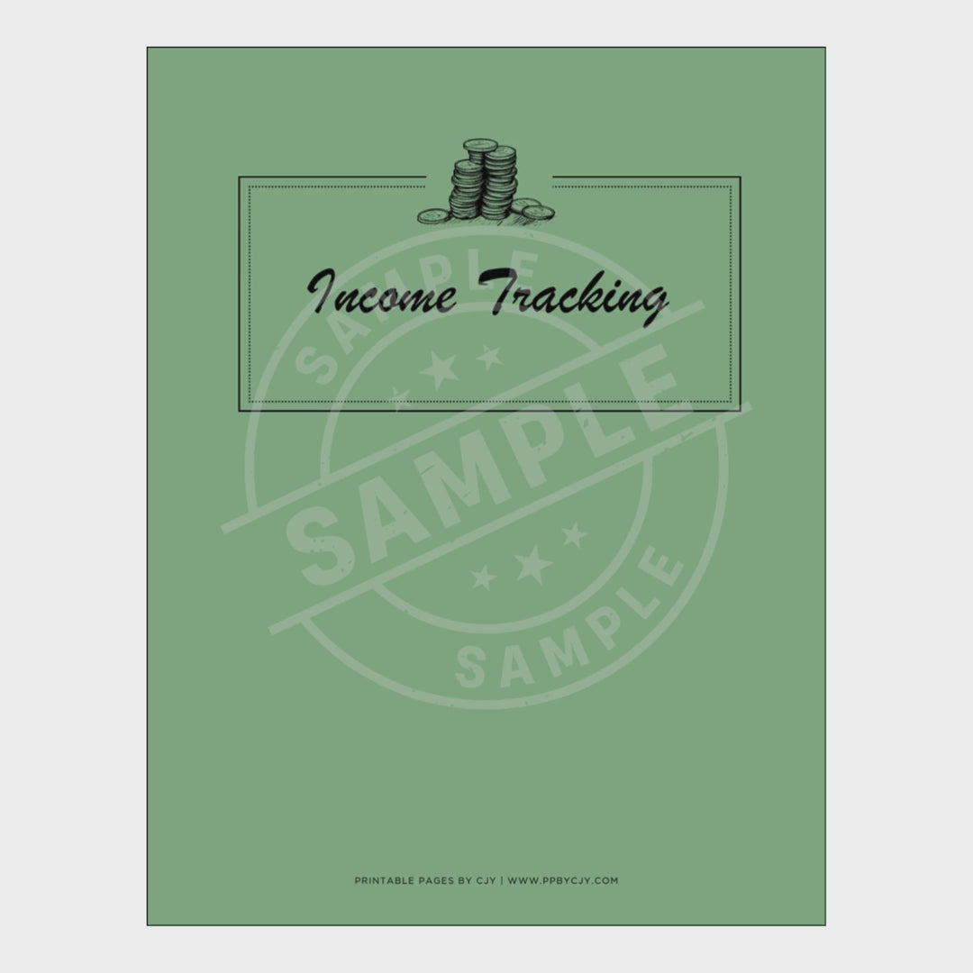 video for Income tracking sheets with a green cover on a white background
