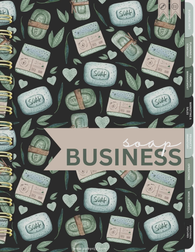 Soap Business Digital Planner with 85+ hyperlinked pages, including inventory logs, order trackers, recipe organizers, and marketing planners,