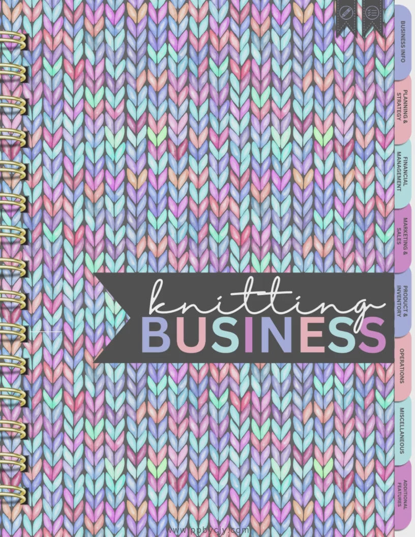 Knitting Business Digital Planner with 85+ hyperlinked pages, including inventory logs, order trackers, and marketing planners