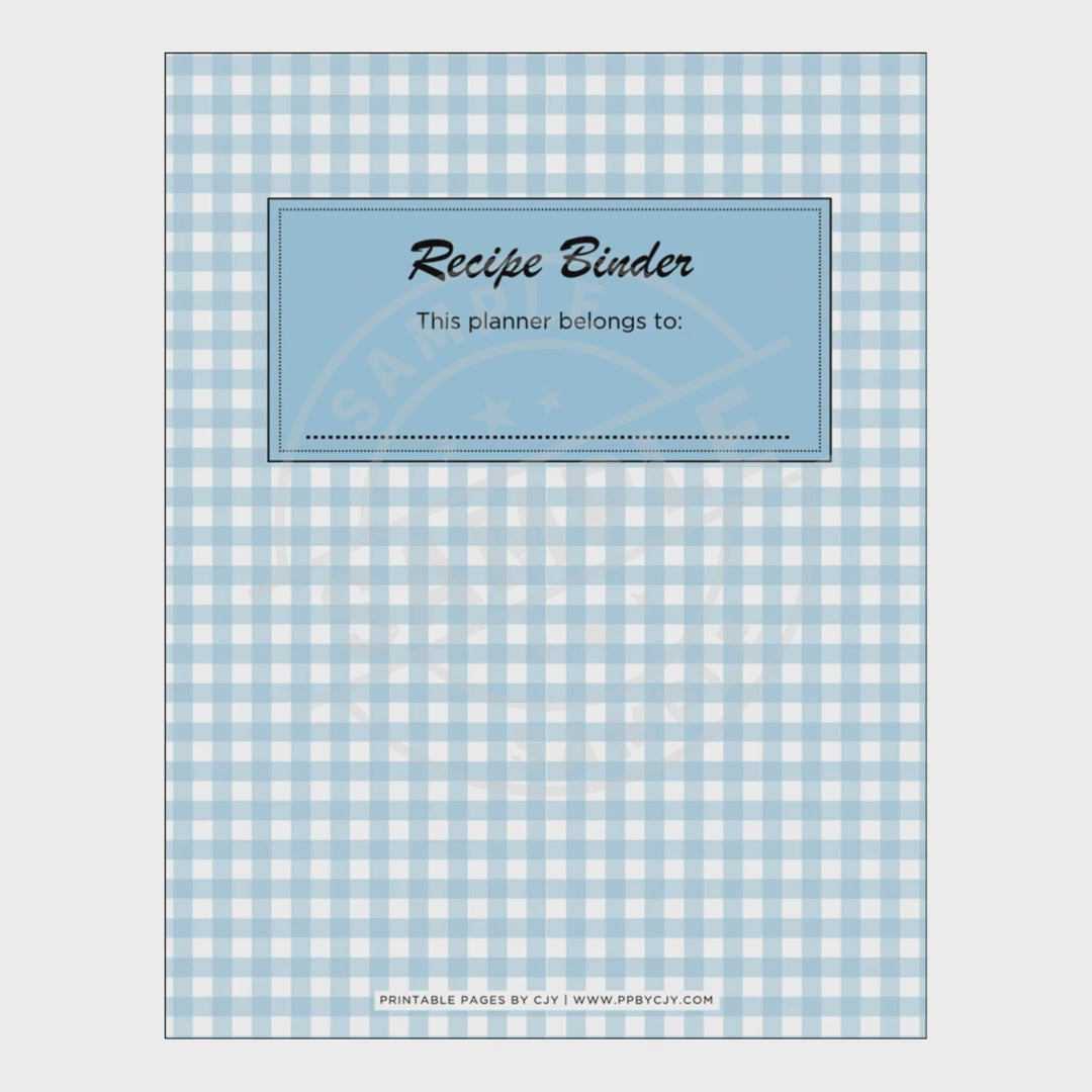 video for Recipe binder with various pages including a weekly meal plan, price tracker, and index on a white background.