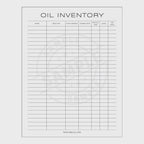 Video of Oil inventory sheet with columns for name, use for, expiration date, bottle size, level, and notes on a white background.