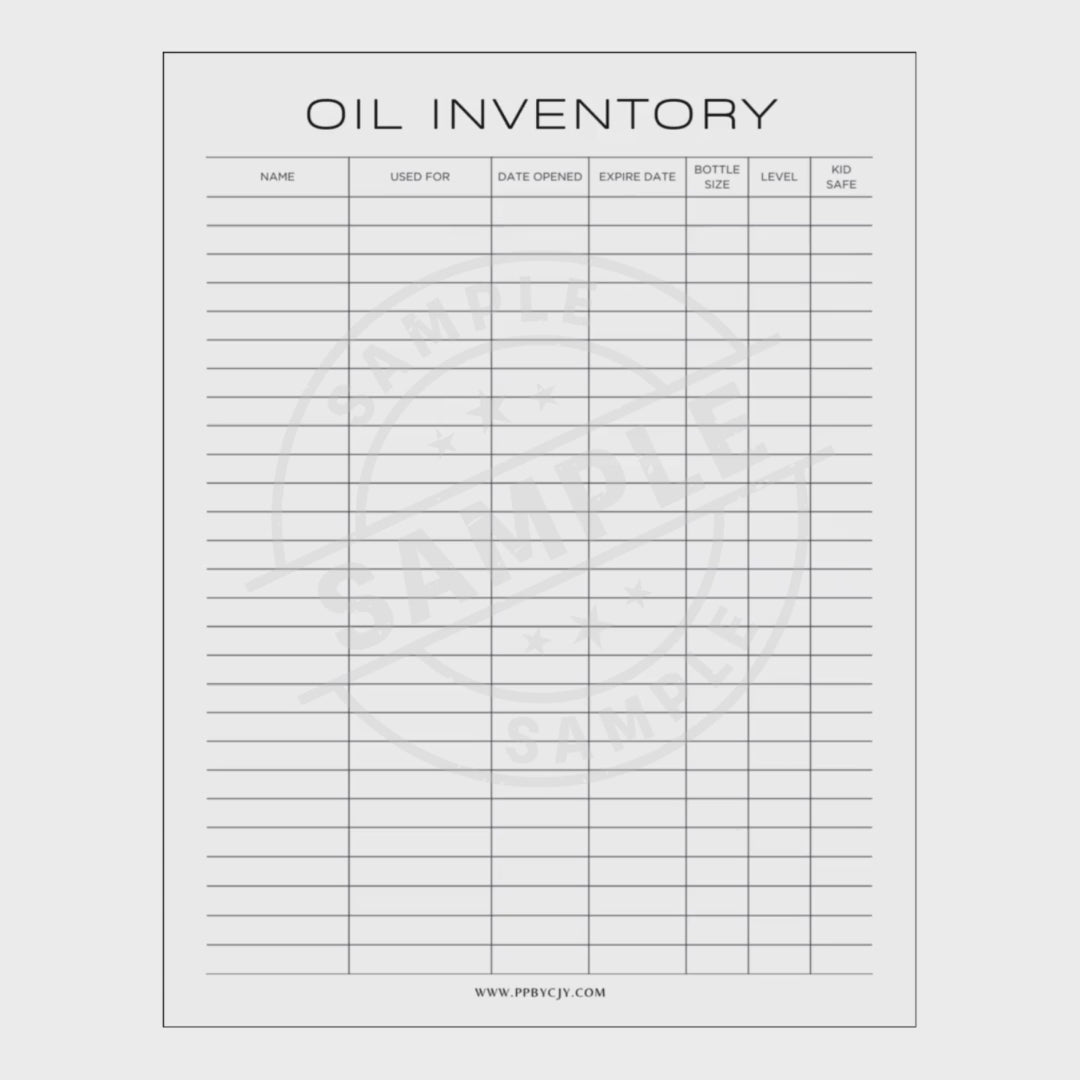 Video of Oil inventory sheet with columns for name, use for, expiration date, bottle size, level, and notes on a white background.