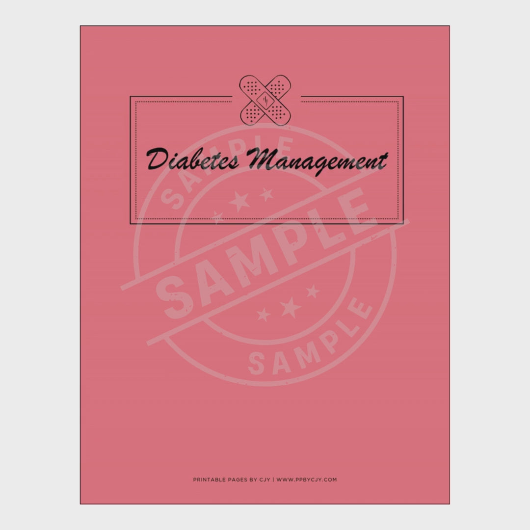 video for Diabetes management notebook with various tracking pages on a white background