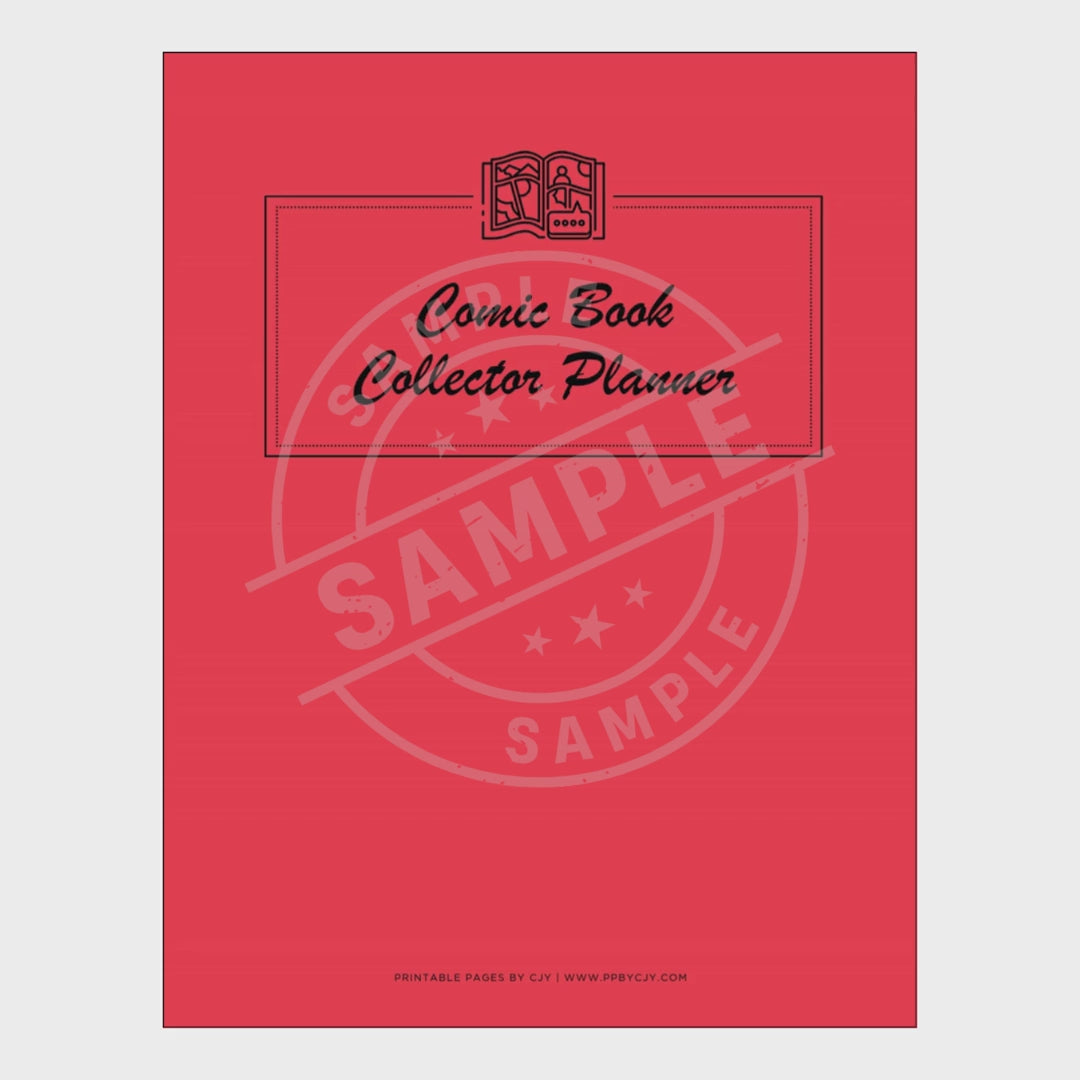 video for Comic Book Collector Planner with various pages displayed on a white background