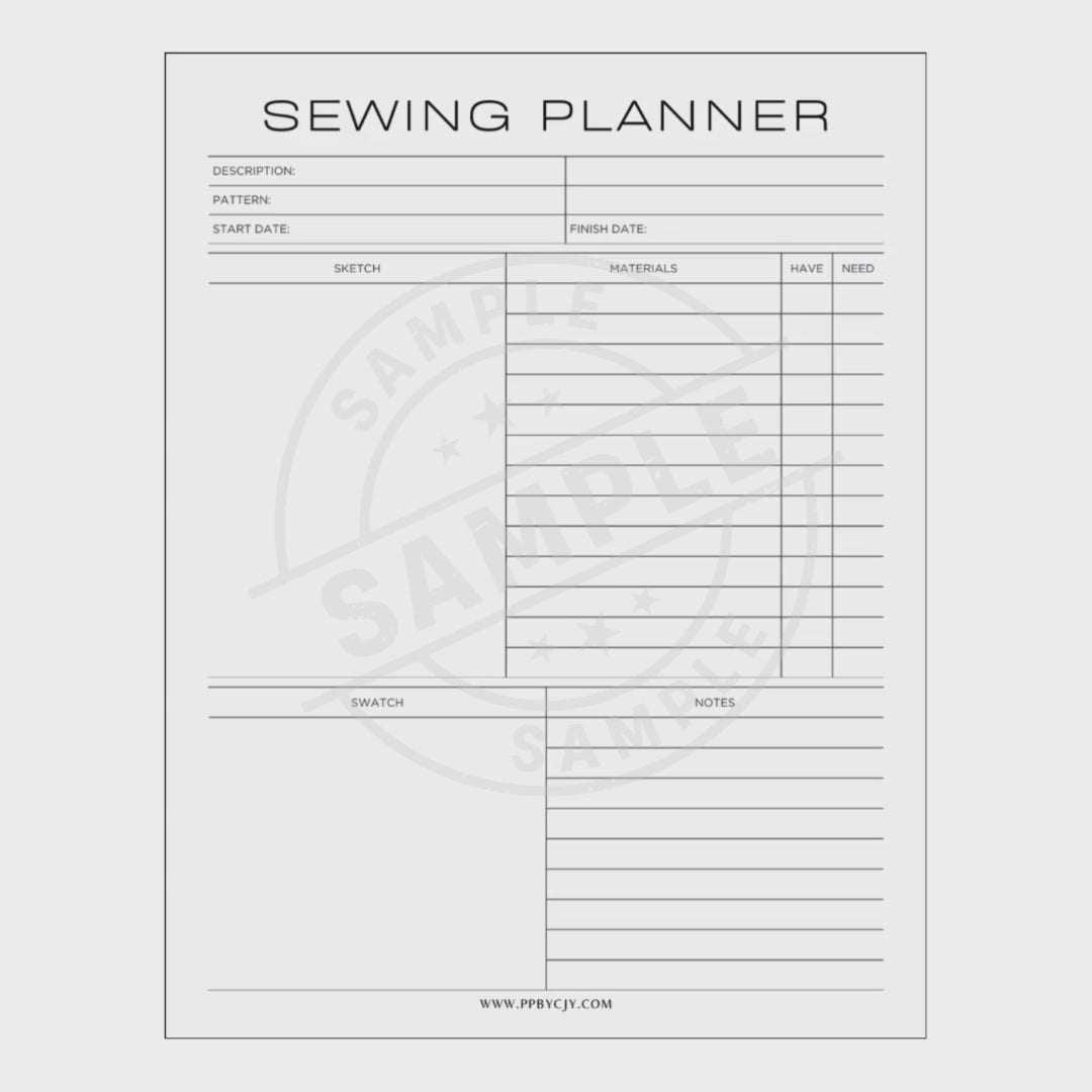 video for Sewing planner sheet with various fields for recording sewing project details on a white background.
