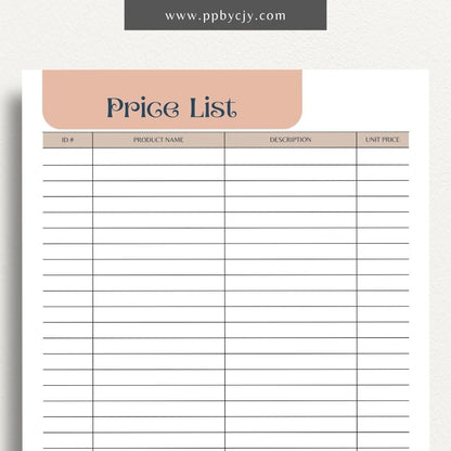 Price List Printable Template– Digital download for detailing and organizing product or service prices and descriptions