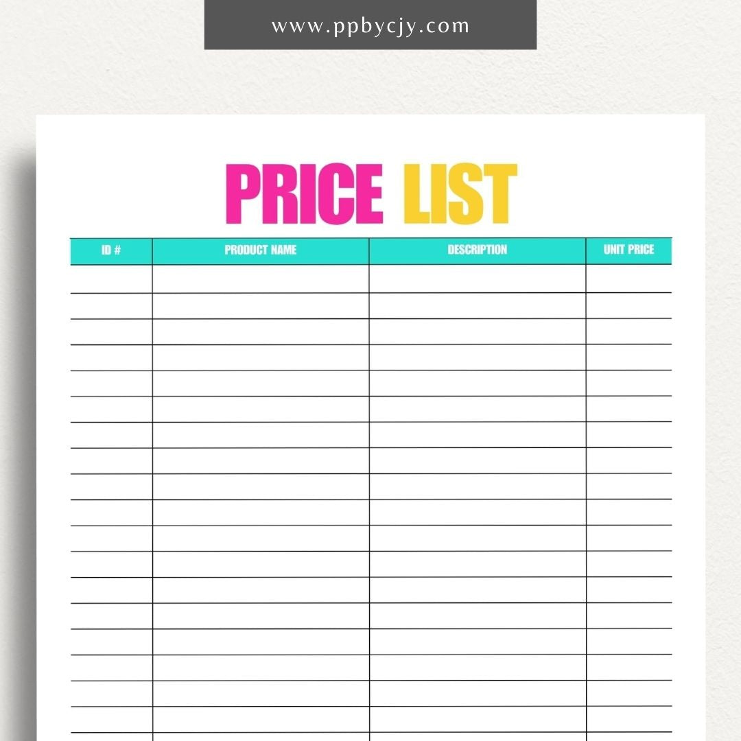 Price List Printable Template– Digital download for detailing and organizing product or service prices and descriptions