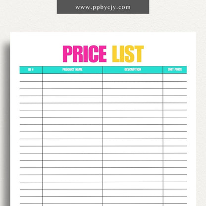 Price List Printable Template– Digital download for detailing and organizing product or service prices and descriptions