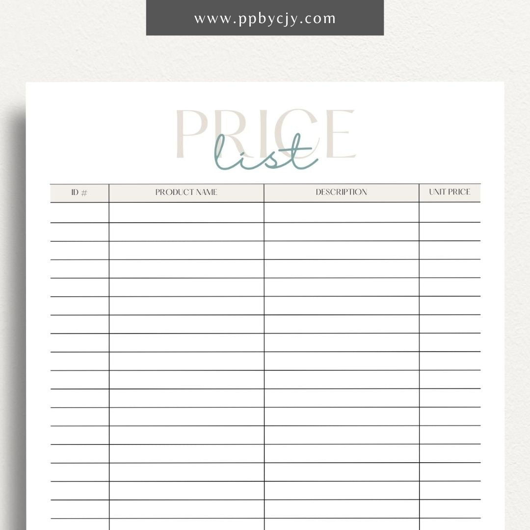 Price List Printable Template– Digital download for detailing and organizing product or service prices and descriptions